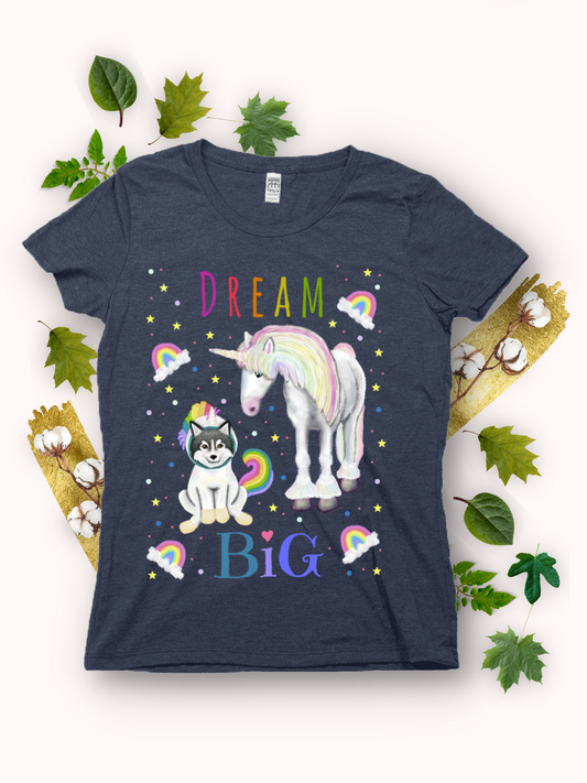Dream Big - Women's - USA Made Organic Recycled T-shirt Rainbow Script