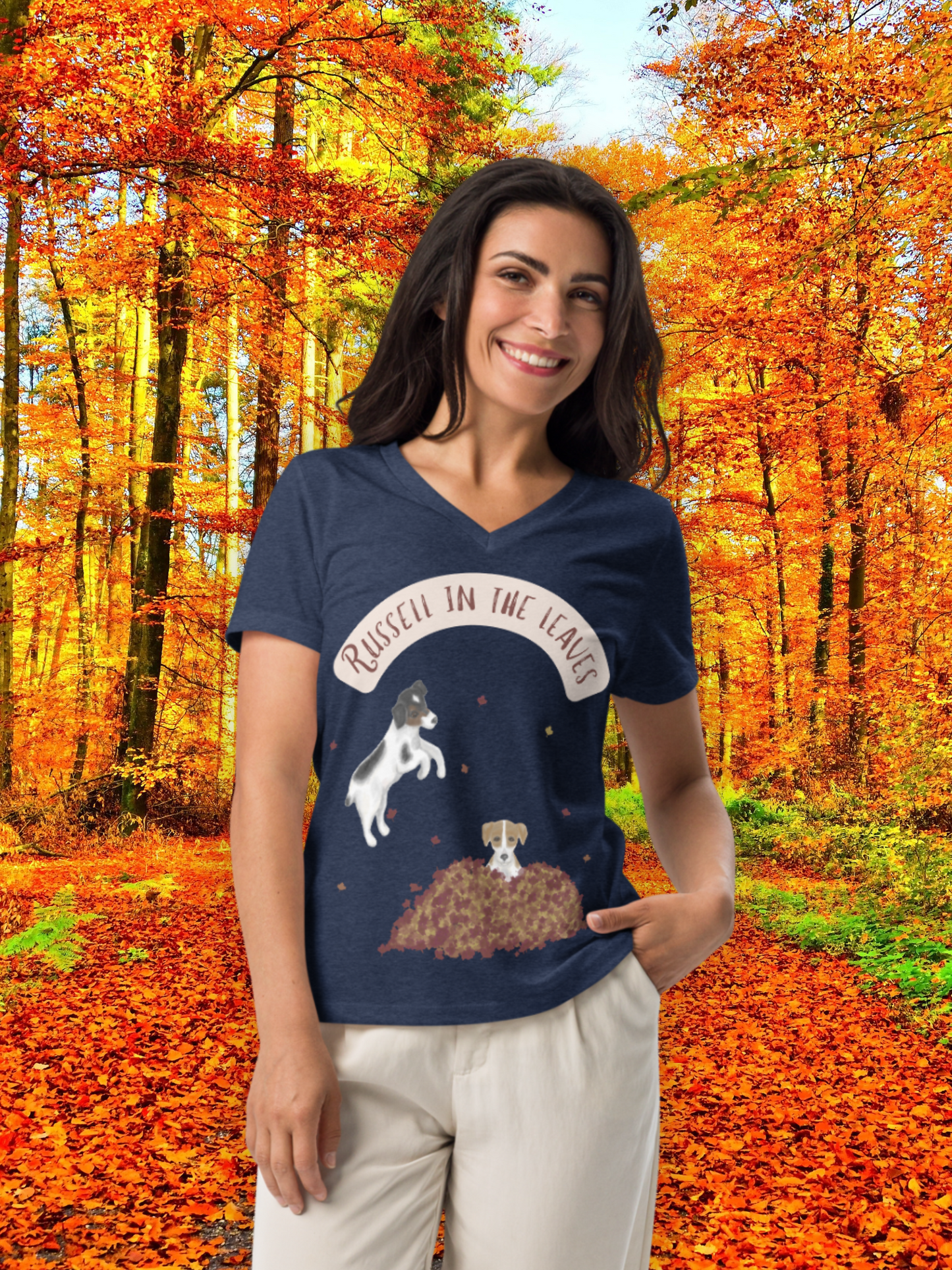 Russell in the Leaves - Women’s - Relaxed Super Soft V-neck T-shirt