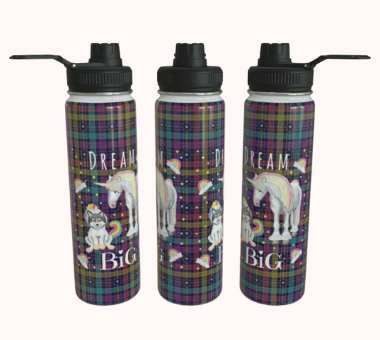 Dream Big Unicorn Dreams Plaid - Stainless Steel Water Bottle