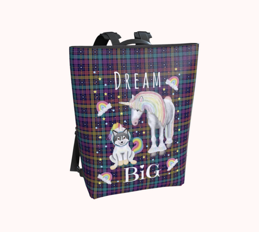 Dream Big Unicorn Plaid - Vegan Leather Backpack